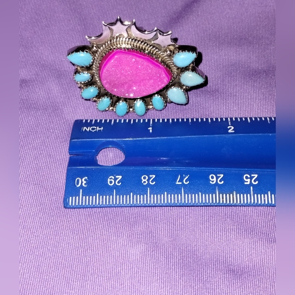 All Sterling Silver, Sleeping Beauty Turquoise and Pink Druzy Ring, Adjustable - Picture 3 of 4